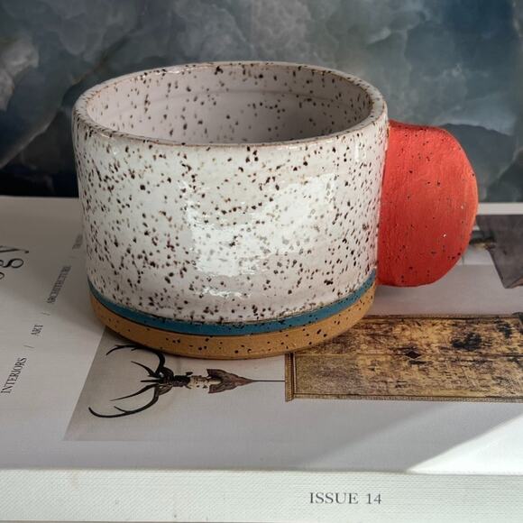 Studio Art Pottery Hand Thrown Mug 3" Speckled White Black Unique Orange Handle - Picture 2 of 12